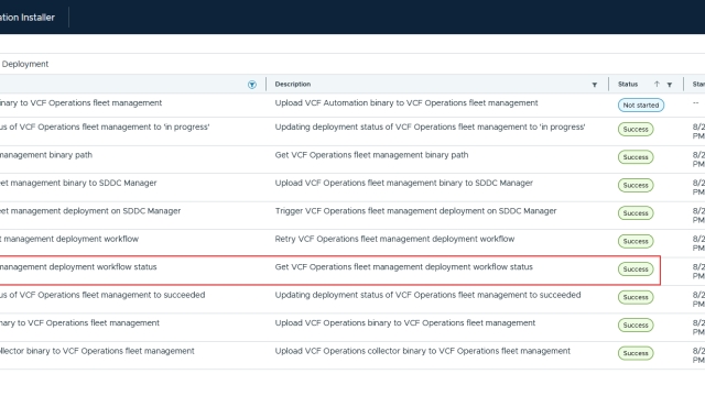 VCF9 初期インストールにおける Get VCF Operations fleet management deployment workflow status エラー